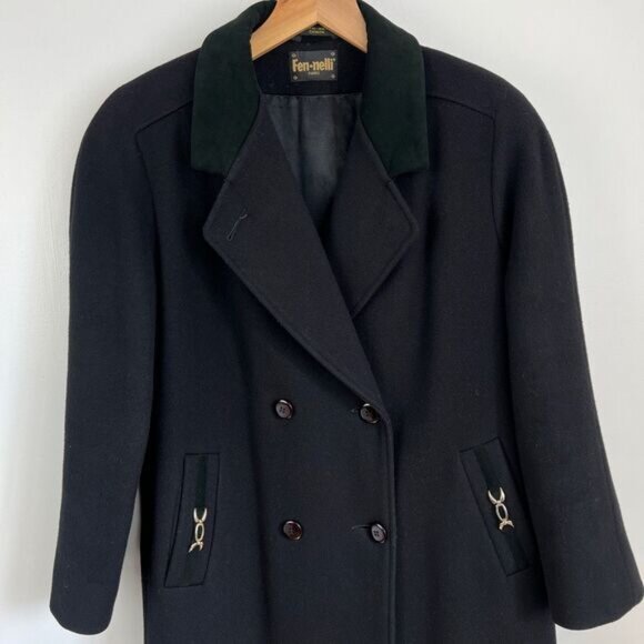 Vintage Fennelli Paris Women's Med Black 100% Virgin Wool Long Overcoat Jacket - Picture 16 of 16